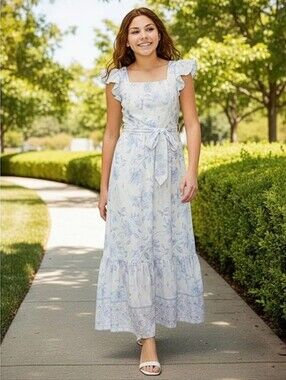 GB Girls Social Big Girls Sleeveless Floral Print Maxi Dress Blue & White Floral